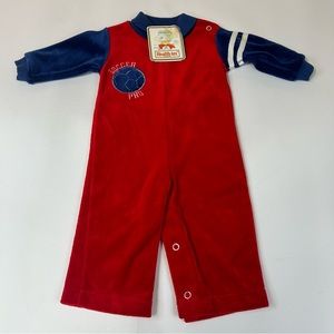 NEW Health Tex Vintage Baby Boy Romper 9 Months Velvet Red Blue Soccer #0837